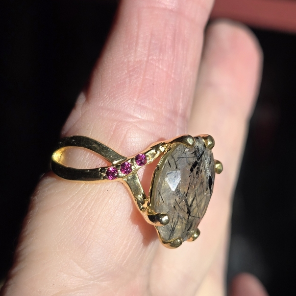 Rutil quarts 5k & Rhodolite sterling & gold infinity ring sz7.5 - Picture 7 of 9